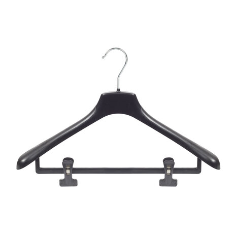 Mantel / kostuumhanger kunststof zwart met schouderverbreding en anti-slip knijpers, 38 cm Mantel / kostuumhanger kunststof zwart met schouderverbreding en anti-slip knijpers, 38 cm