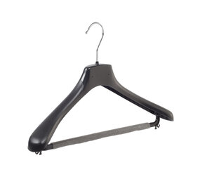Mantel / kostuumhanger kunststof zwart met schouderverbreding en anti-slip broeklat (2 mm schuim), 38 cm Mantel / kostuumhanger kunststof zwart met schouderverbreding en anti-slip broeklat (2 mm schuim), 38 cm
