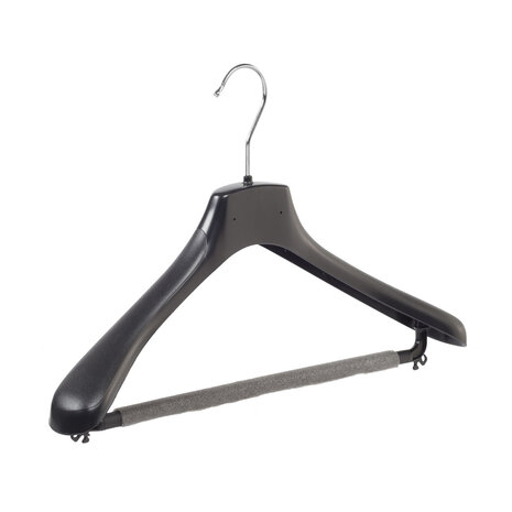 Mantel / kostuumhanger kunststof zwart met schouderverbreding en anti-slip broeklat (2 mm schuim), 38 cm Mantel / kostuumhanger kunststof zwart met schouderverbreding en anti-slip broeklat (2 mm schuim), 38 cm