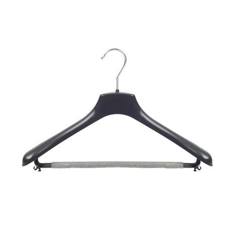 Mantel / kostuumhanger kunststof zwart met schouderverbreding en anti-slip broeklat (2 mm schuim), 38 cm Mantel / kostuumhanger kunststof zwart met schouderverbreding en anti-slip broeklat (2 mm schuim), 38 cm