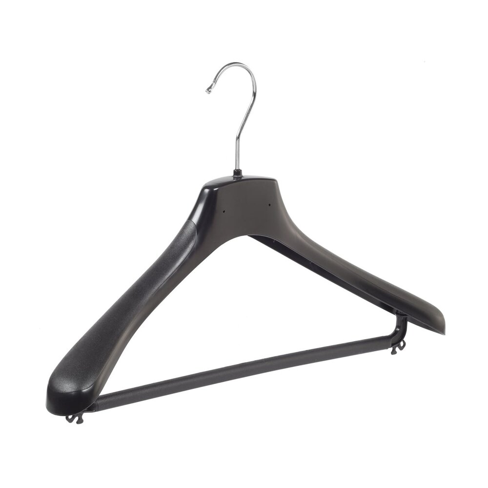Mantel / kostuumhanger kunststof zwart met schouderverbreding en broeklat, 40 cm Mantel / kostuumhanger kunststof zwart met schouderverbreding en broeklat, 40 cm