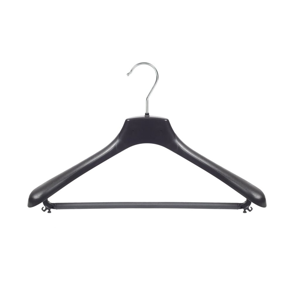 Mantel / kostuumhanger kunststof zwart met schouderverbreding en broeklat, 40 cm Mantel / kostuumhanger kunststof zwart met schouderverbreding en broeklat, 40 cm
