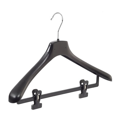Mantel / kostuumhanger kunststof zwart met schouderverbreding en anti-slip knijpers, 40 cm Mantel / kostuumhanger kunststof zwart met schouderverbreding en anti-slip knijpers, 40 cm