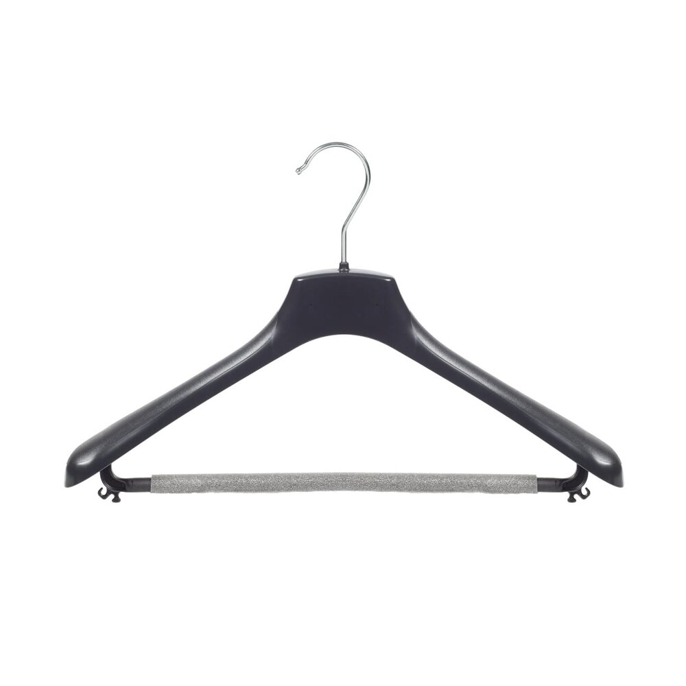 Mantel / kostuumhanger kunststof zwart met schouderverbreding en anti-slip broeklat (2 mm schuim), 40 cm Mantel / kostuumhanger kunststof zwart met schouderverbreding en anti-slip broeklat (2 mm schuim), 40 cm