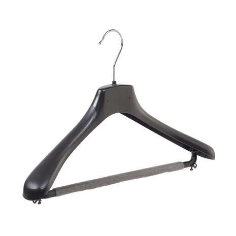Mantel / kostuumhanger kunststof zwart met schouderverbreding en anti-slip broeklat (2 mm schuim), 42 cm Mantel / kostuumhanger kunststof zwart met schouderverbreding en anti-slip broeklat (2 mm schuim), 42 cm