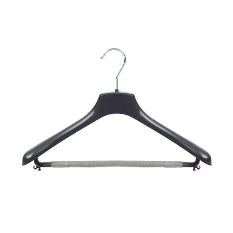 Mantel / kostuumhanger kunststof zwart met schouderverbreding en anti-slip broeklat (2 mm schuim), 42 cm Mantel / kostuumhanger kunststof zwart met schouderverbreding en anti-slip broeklat (2 mm schuim), 42 cm