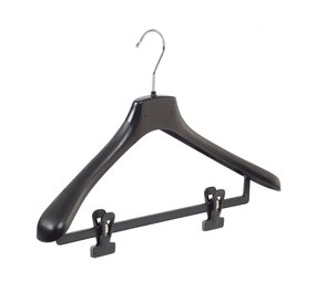 Mantel / kostuumhanger kunststof zwart met schouderverbreding en anti-slip knijpers, 45 cm