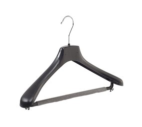 Mantel / kostuumhanger kunststof zwart met schouderverbreding en anti-slip broeklat (2 mm schuim), 45 cm Mantel / kostuumhanger kunststof zwart met schouderverbreding en anti-slip broeklat (2 mm schuim), 45 cm