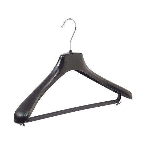 Mantel / kostuumhanger kunststof zwart met schouderverbreding en broeklat, 48 cm Mantel / kostuumhanger kunststof zwart met schouderverbreding en broeklat, 48 cm