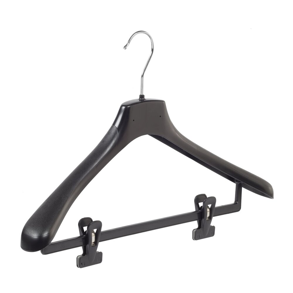 Mantel / kostuumhanger kunststof zwart met schouderverbreding en anti-slip knijpers, 48 cm Mantel / kostuumhanger kunststof zwart met schouderverbreding en anti-slip knijpers, 48 cm