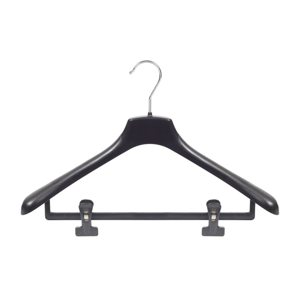 Mantel / kostuumhanger kunststof zwart met schouderverbreding en anti-slip knijpers, 48 cm Mantel / kostuumhanger kunststof zwart met schouderverbreding en anti-slip knijpers, 48 cm