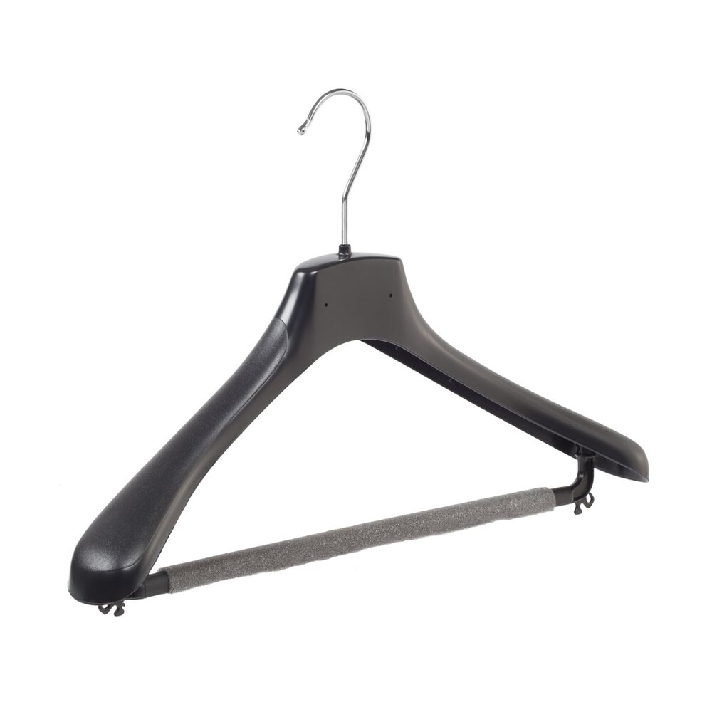 Mantel / kostuumhanger kunststof zwart met schouderverbreding en anti-slip broeklat (2 mm schuim), 48 cm Mantel / kostuumhanger kunststof zwart met schouderverbreding en anti-slip broeklat (2 mm schuim), 48 cm