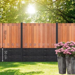 Gervé Hout Beton Schutting Hardhout| 180x180 cm | Leisteenmotief dubbele onderplaat | Betonpalen | 3 kleuren