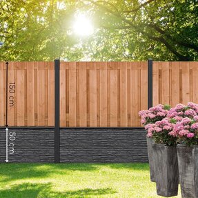 Gervé Hout Beton Schutting Red Class Wood| 180x180 cm | Nostalgiemotief dubbele onderplaat | Betonpalen | 3 kleuren