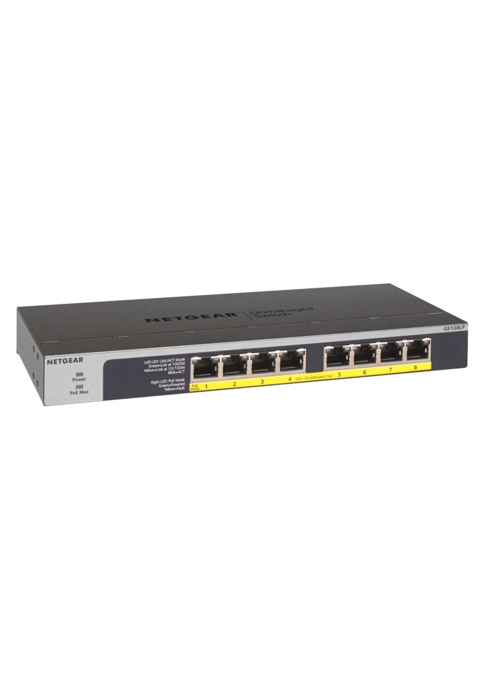 Netgear NETGEAR GS108LP Unmanaged Gigabit Ethernet (10/100/1000) Power over Ethernet (PoE) 1U Zwart, Grijs