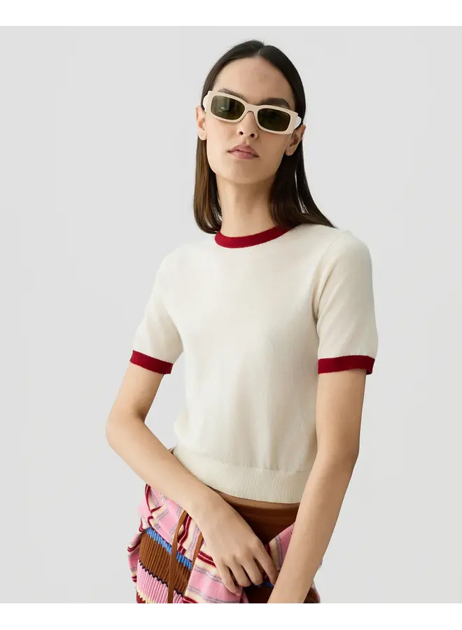 Airy Ringer Tee - Cream/Carmine