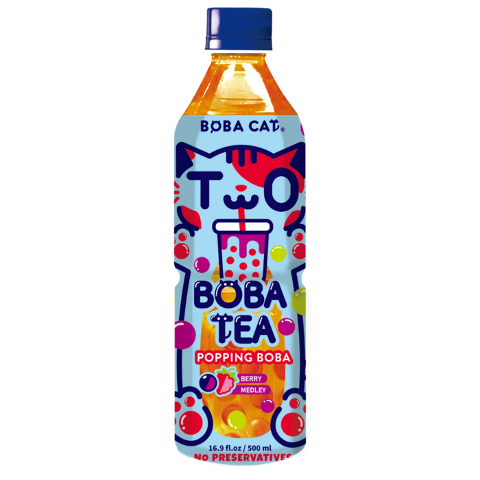 BOBA Cat Drink BoBa Cat Popping Boba, Berry Medley Boba Tea Bottle 500ml Taiwan