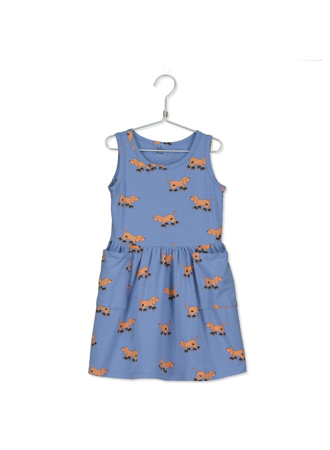 Sleeveless Dress WIth Pockets - Dogs - Blue - Lotiekids