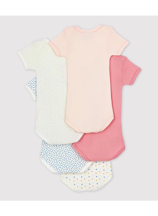 Set van 5 katoenen body's met korte mouwen - roze & print - Petit Bateau