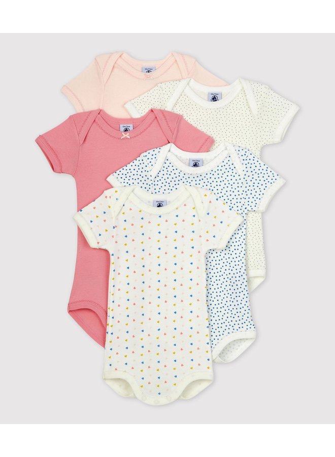 Set van 5 katoenen body's met korte mouwen - roze & print - Petit Bateau