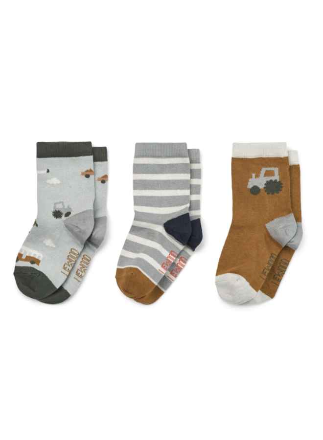 Sila Socks - Set van 3 - Vehicles Dove Blue - Liewood