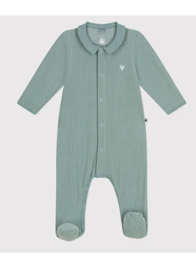 Fluwelen Babypyjama Collar - Groen - Petit Bateau