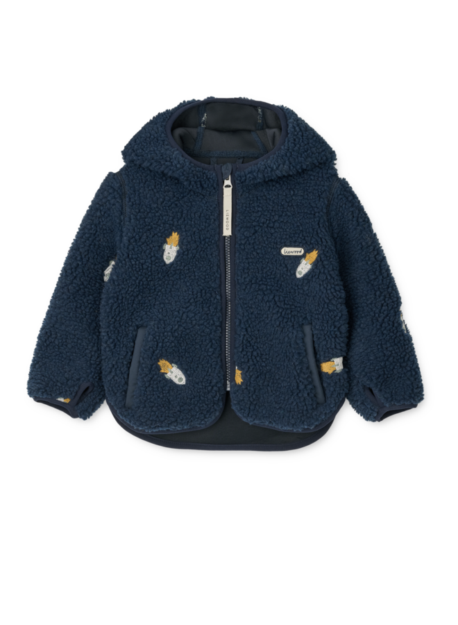 Mara Pile Jacket With Ears - Rocket / Classic navy / Embroidery - Liewood