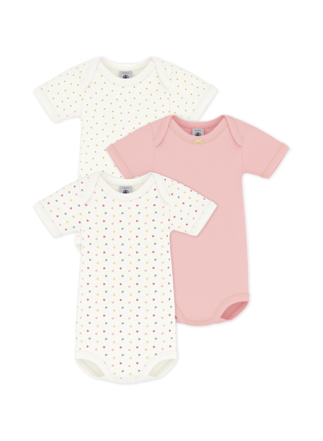 Set van 3 katoenen body’s Korte Mouwen - Mini Hartjesprint - Petit Bateau