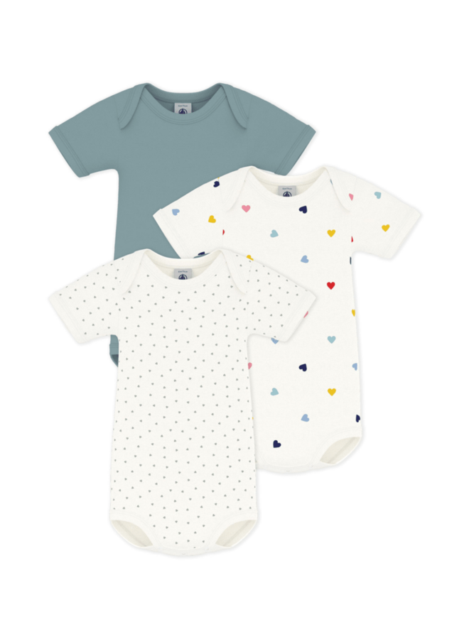 Set van 3 katoenen body’s Korte Mouwen - Hartjesprint - Petit Bateau