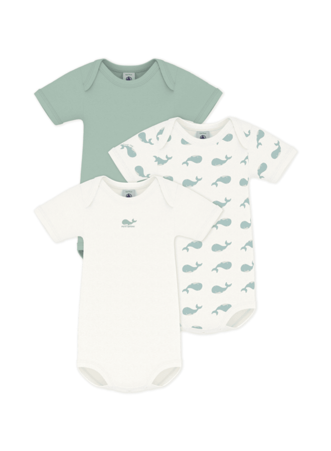 Set van 3 katoenen body’s Korte Mouwen - Walvisprint - Petit Bateau