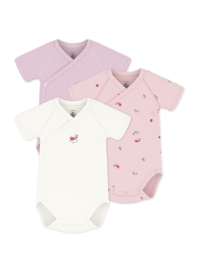 Set van 3 overslagbody’s Korte Mouwen - Aardbeitjes - Petit Bateau