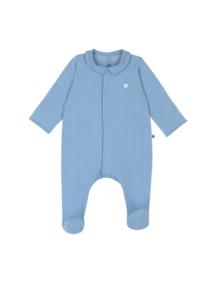 Fluwelen Babypyjama Hartje - Blauw - Petit Bateau