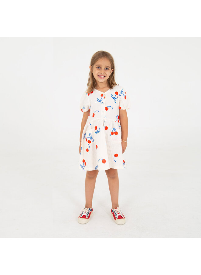 Bloused Woven Dress - Cherries Allover Off White - Lotiekids