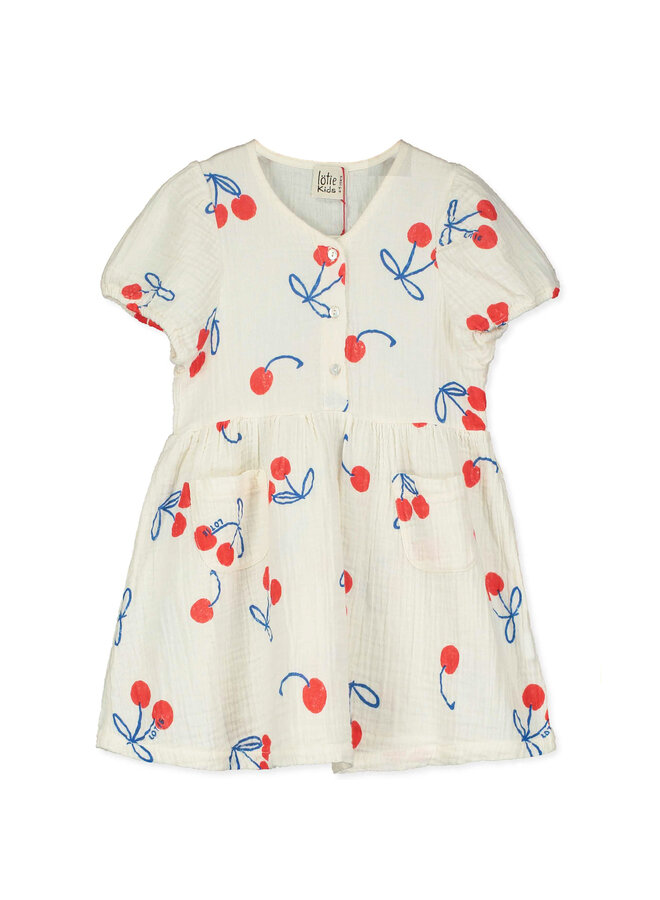 Bloused Woven Dress - Cherries Allover Off White - Lotiekids