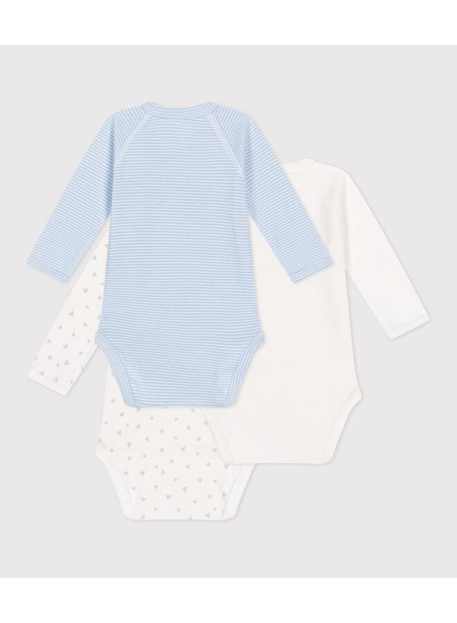 Set van 3 overslagbody's lange mouwen - Blue Hearts - Petit Bateau
