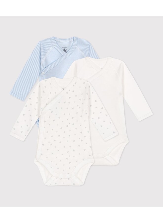 Set van 3 overslagbody's lange mouwen - Blue Hearts - Petit Bateau