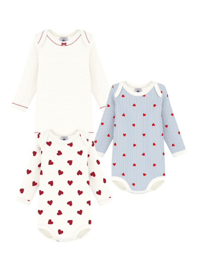 Set van 3 Body’s - Hearts/Blue Stripes - Petit Bateau