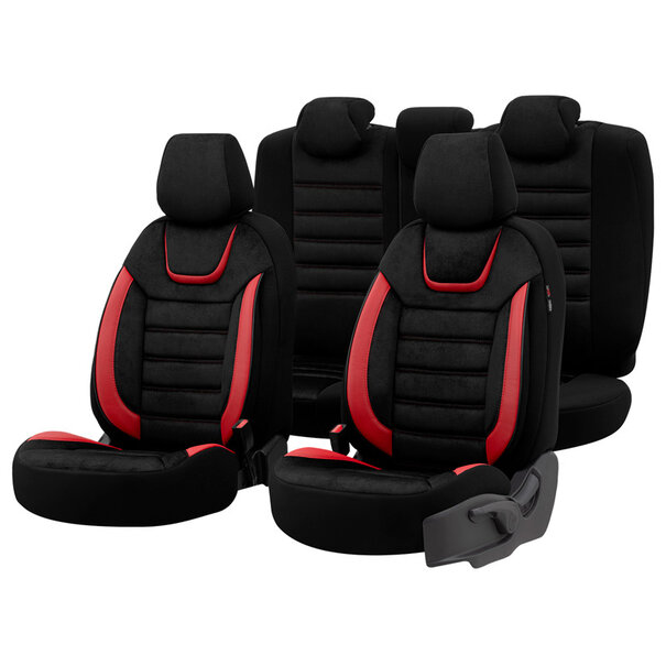 otoM Universele Suede/Leder/Stoffen Stoelhoezenset 'Iconic' Zwart/Rood - 11-delig - geschikt voor Side-Airbags