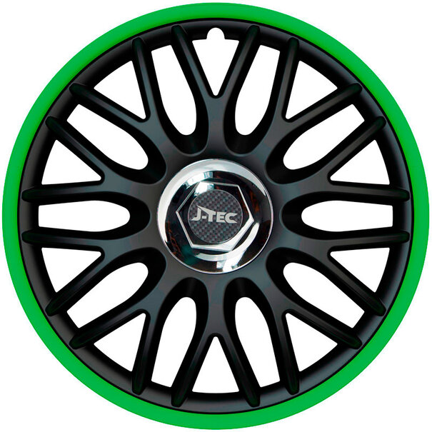 J-Tec 4-Delige J-Tec Wieldoppenset Orden R 16-inch zwart/groen + chroom ring