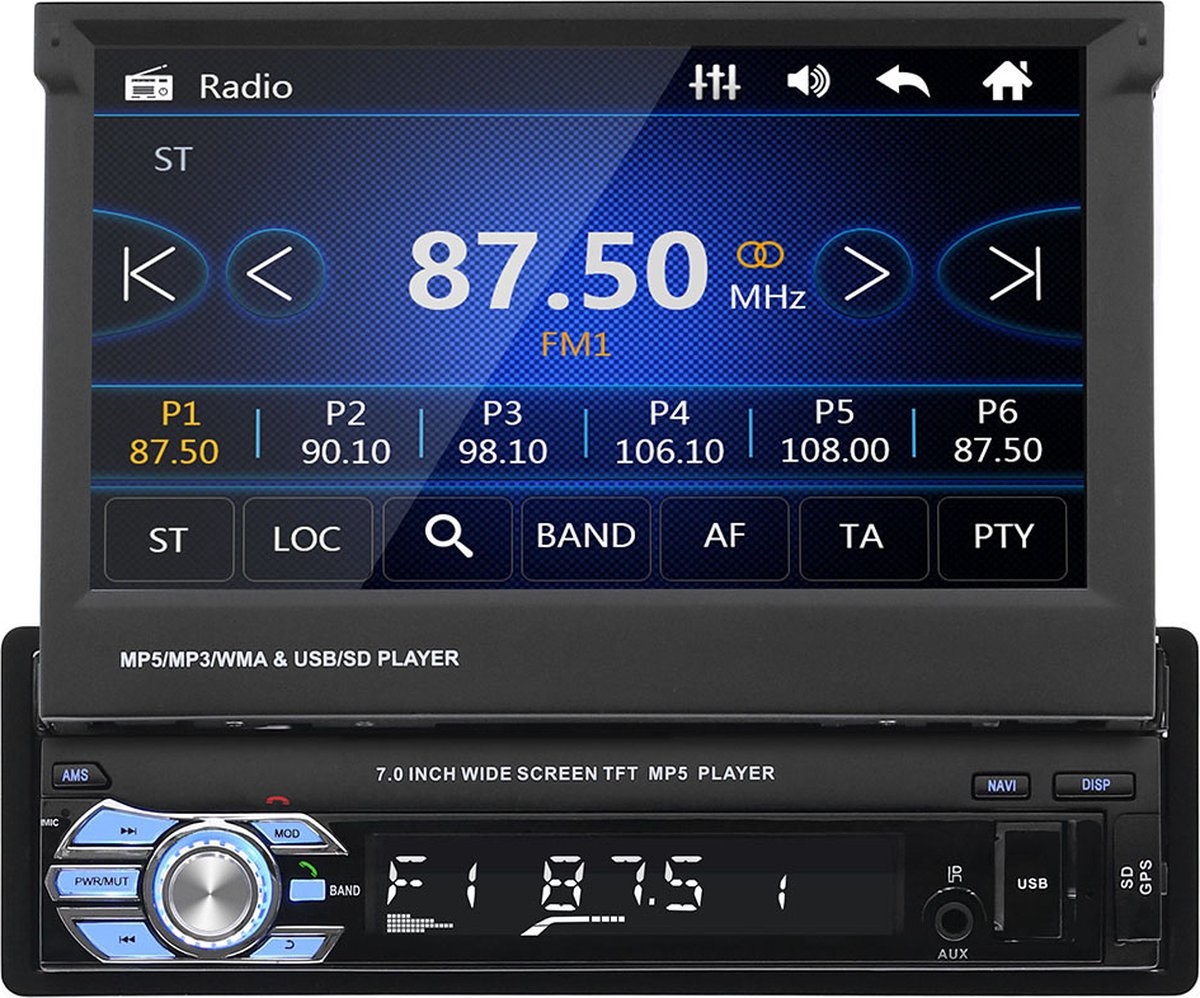 1din autoradio met klapscherm navigatie, DVD-speler, AUX, USB en