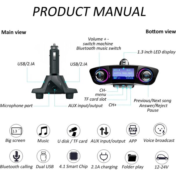 Lakro Bluetooth FM Transmitter Auto MP3-Player Handsfree Wireless Radio Audio Adapter met Dual USB USB Disk/SD Kaart AUX-ingang uitgang