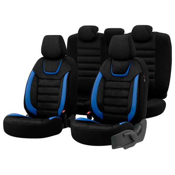 otoM Universele Suede/Leder/Stoffen Stoelhoezenset 'Iconic' Zwart/Blauw - 11-delig - geschikt voor Side-Airbags