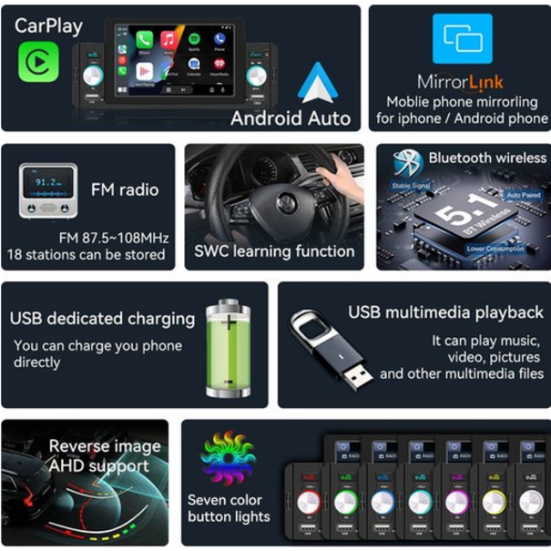 Lakro Autoradio - 1 DIN - Apple Carplay - Android Auto - Bluetooth - Usb - Achteruitrijcamera