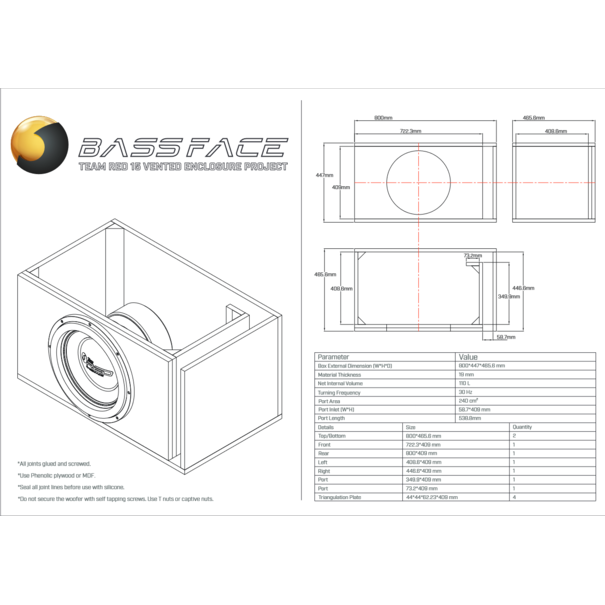 bass face TeamRED15/1 15" 38cm 2x1Ohm DVC 3500WRMS Wide Excursion Competition Subwoofer- Ported Enclosure