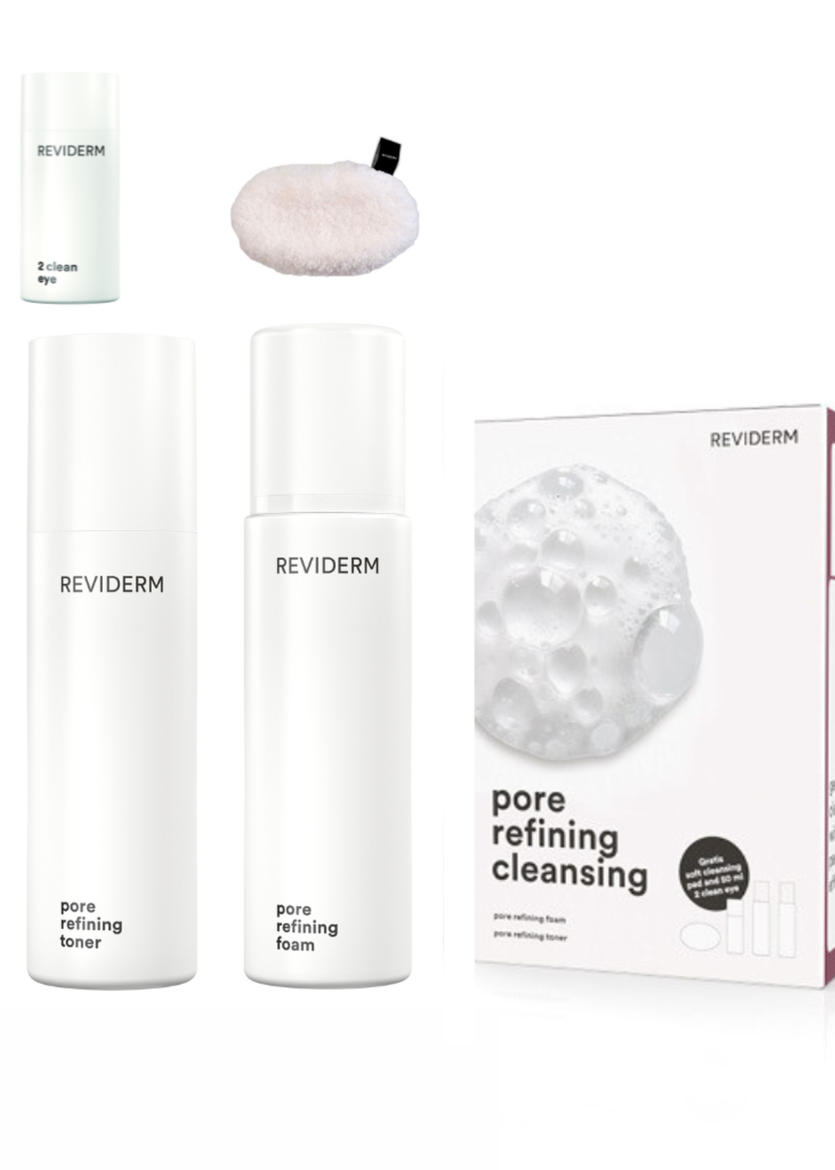 Reviderm Set : Reinigungs Duo - Reviderm  Pore Refining Foam 200 ml &  Pore Refining Toner 200 ml  +  Mini 2 Clean & Eye 50 ml +  Soft Cleansing Pad