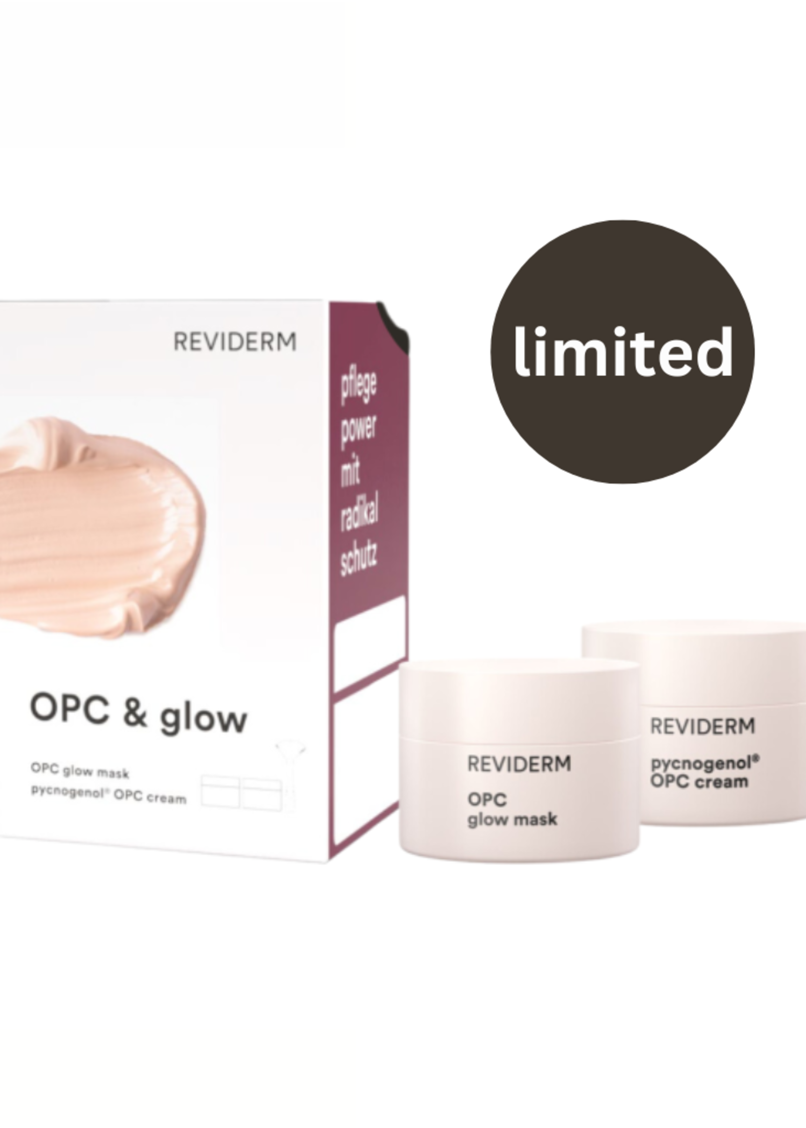 Reviderm OPC & Glow Set -  OPC Glow Mask (50ml) &  Pycgnogenol® OPC cream (50ml) & Fächerpinsel