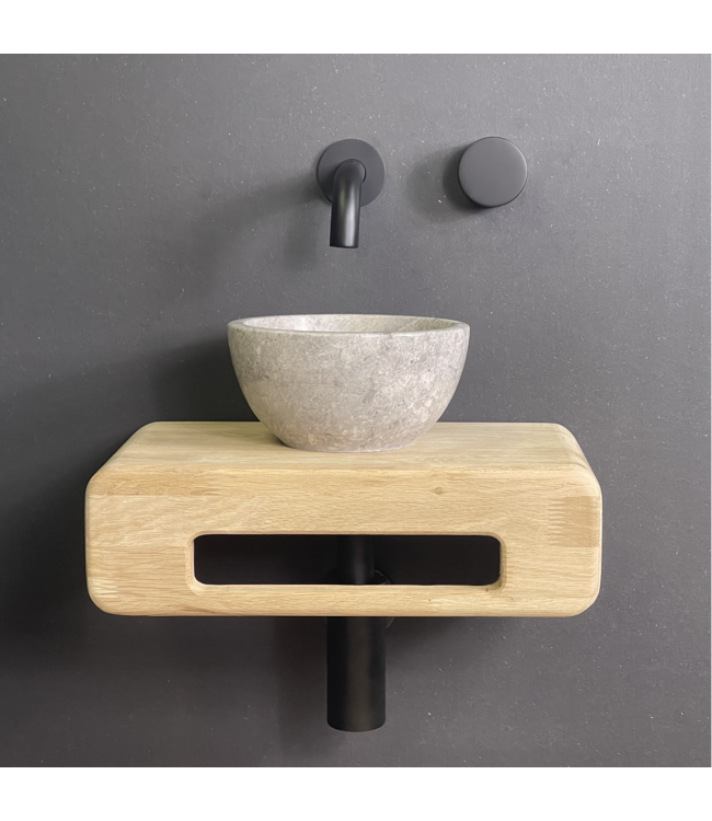 Como Fonteinset toilet Tundra. Natuursteen mini waskom met eiken hout plank