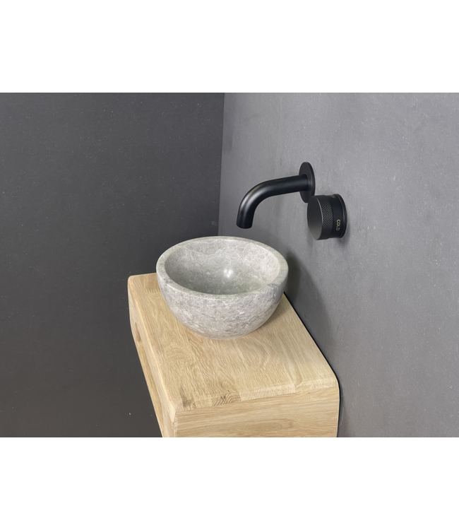 Como Fonteinset toilet Tundra. Natuursteen mini waskom met eiken hout plank