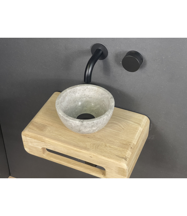 Como Fonteinset toilet Tundra. Natuursteen mini waskom met eiken hout plank