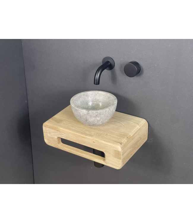 Como Fonteinset toilet Tundra. Natuursteen mini waskom met eiken hout plank